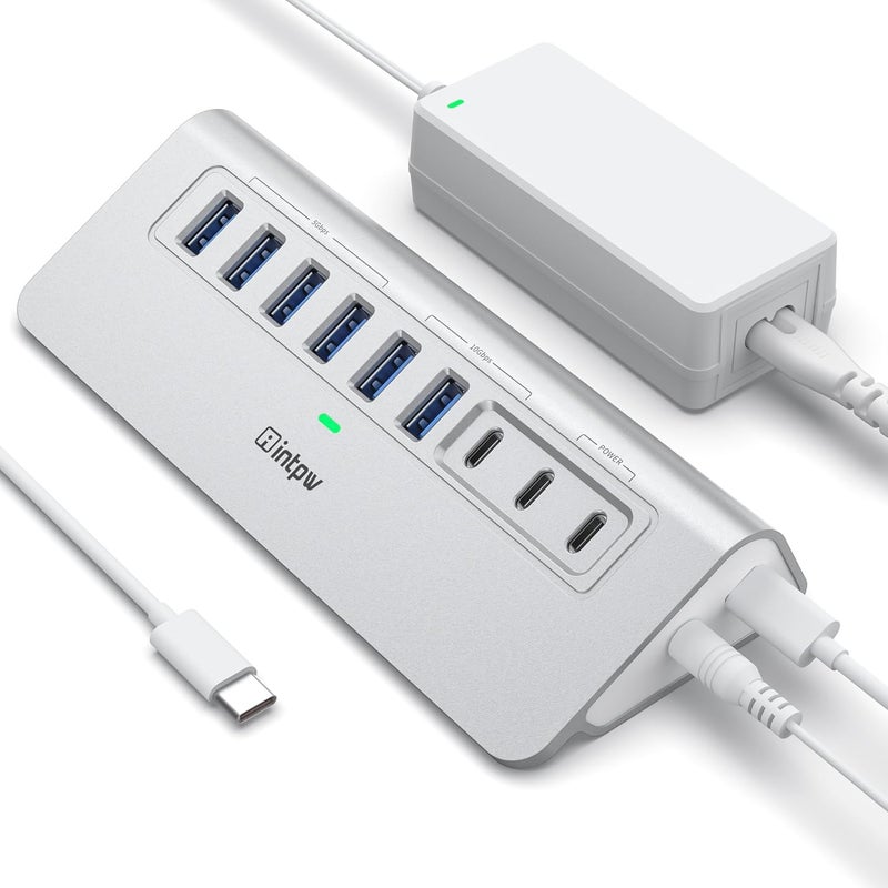 intpw Powered USB Hub 10Gbps, 9-Port USB 3.2 Hub, USB C Hub with USB A/USB C 3.2, 4 USB 3.0, 2 PD 45W Charging Ports, 65W Power Adapter and 3.3FT Cable, Aluminum USB Hub for Laptop, iPhone 17/16/15，PC - Image 1